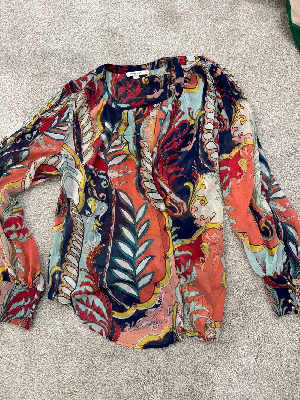 Chico's Multicolor Paisley Patterned Long-Sleeve Blouse